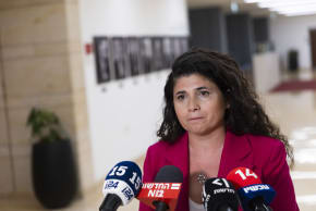 Sharren Haskel speaks to the media as she announces her resignation as deputy foreign minister, at the Knesset, on July 14, 2026. (photo credit: CHAIM GOLDBERG/FLASH90)