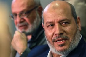 Current leader of Hamas, Khalil al-Hayya (R), holds a press conference in Damscus, Syria. 