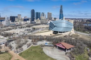 Aerial view of the Canadian Museum for Human Rights, in Winnipeg, Manitoba, Canada, on April 28, 2024. 