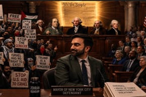 AN AI-generated political cartoon depicting New York City Mayor Zohran Mamdani at court with anti-Israel protesters in the background alongside the US Founding Fathers.