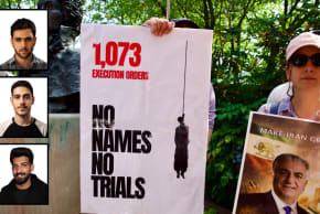 IRAN’S REGIME is using executions to reassert control over society after January’s protest. Here, alongside headshots of those executed, demonstrators hold signs as they gather in Washington in May, in support of the Iranian people and to condemn the execution of political prisoners in Iran. 