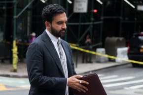 Zohran Mamdani, mayor of New York, arrives to speak to members of the media after reports of falling debris at 235 East 42nd Street during an office-to-residential conversion in New York, US, on Tuesday, July 7, 2026.
