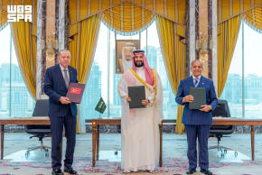 Turkish President Tayyip Erdogan, Saudi Crown Prince Mohammed bin Salman, and Pakistan's Prime Minister Shehbaz Sharif pose after signing a joint defence agreement in Mecca, Saudi Arabia, August 7, 2026.