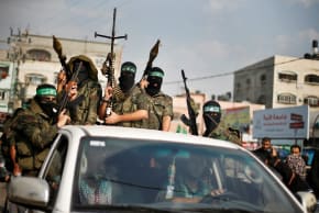 Hamas terrorists celebrating during a rally in the northern Gaza Strip.