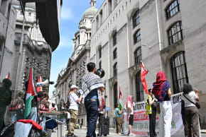 Pro-Palestine protesters chant outside the Central Criminal Court, Old Bailey during the trial of eight alleged Palestine Action activists following a break in at Elbit Systems UK on June 29, 2026 in London, England; illustrative