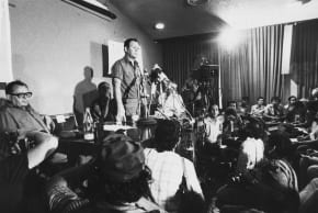 Israeli army chief of staff, Lt. Gen. Mordechai Gur, gives a press conference following Operation Entebbe, in which Israeli special forces rescued 100 hostages held at Entebbe Airport in Uganda on July 3, 1976.