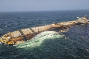 The damaged and half sunk oil tanker Caroline Bezengi, at sea off the coast of Oman, on a date given as August 6, 2026.