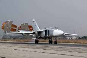 A Russian air force Sukhoi Su-24 bomber lands at the Russian Hmeimim military base in Latakia province, in the northwest of Syria, on December 16, 2015; Illustrative.