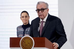 Sinaloa Governor Ruben Rocha speaks to the media during a press conference next to Mexican President Claudia Sheinbaum at the National Palace, in Mexico City, Mexico, June 26, 2025.