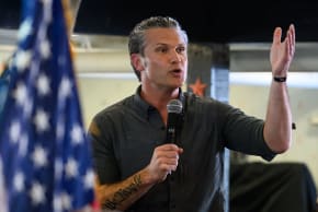  United States Secretary of War Pete Hegseth appears onstage at a campaign event for Republican candidate for Iowa's 3rd Congressional District Zach Nunn on day five of the Iowa State Fair on August 17, 2026 in Des Moines, Iowa.