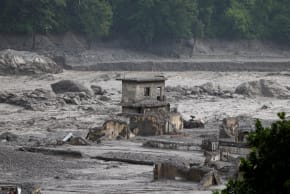 Damaged houses in the aftermath of flash floods and a mudslide, in Trishuli, Nuwakot district, Nepal, August 30, 2026.
