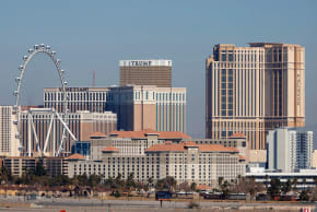 The High Roller Ferris wheel, left, Venetian Hotel and Casino, Trump International Hotel Las Vegas and The Palazzo at The Venetian Resort. 