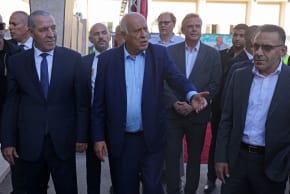  PALESTINIAN-ISRAEL-CONFLICT-WEST BANK Palestinian Vice President Hussein Al-Sheikh (L) and head of the Palestinian Football Association and Palestine Olympic Committee, Jibril Rajoub (C) arrive to attend the football match between Jabal Al-Mukaber and Shabab Al-Khalil teams.