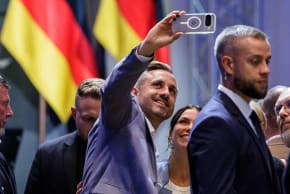 Lead candidate Ulrich Siegmund of the far-right Alternative for Germany (AfD) political party, makes a selfie with a supporter during the final campaign rally on the eve of state elections in Saxony-Anhalt on September 5, 2026 in Magdeburg, Germany.