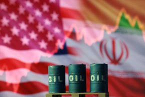 Illustration shows U.S. and Iranian flags, 3D printed oil barrels and rising stock graph