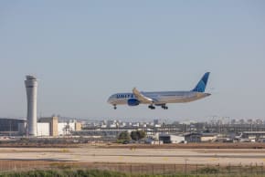  A United Airlines flight lands at Ben-Gurion Airport, Tel Aviv, March 31, 2025; illustrative.