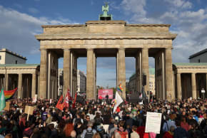 People gather in front of the Brandenburg Gate to protest against the far-right Alternative for Germany (AfD) the day after the party won in Saxony-Anhalt state elections, Berlin, Germany, Sept. 7, 2026.