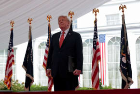 US President Donald Trump stands before delivering remarks to US embassy personnel and business leaders at Deerfield Residence, the residence of the US Ambassador to Ireland, in Dublin, Ireland, September 12, 2026.
