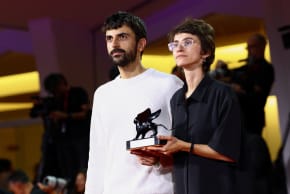 Directors Yuval Abraham and Rachel Szor pose with the Special Jury Award for "Naza" during the closing ceremony of the 83rd Venice International Film Festival, Italy, September 12, 2026. 