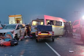 Traffic accident between two minibusses and a car on South Africa's N1 Highway, September 14, 2026.