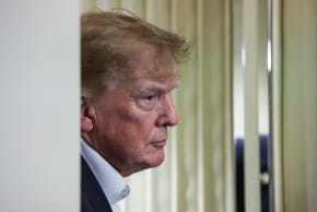 US President Donald Trump speaks to reporters while aboard Air Force One while traveling back from Ireland to Joint Base Andrews, Maryland on September 13, 2026 in flight.