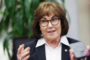 US Sen. Jacky Rosen (D-NV) speaks to reporters in the Senate Subway in the U.S. Capitol Building durin a procedural vote on March 20, 2026 in Washington, DC.