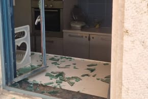 A damaged window at Kol HaNeshamah synagogue in Jerusalem. 