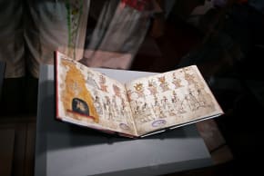 The Azcatitlan Codex, an ancient Aztec pictorial manuscript on loan from France, is displayed at the National Museum of Anthropology in Mexico City on September 17, 2026