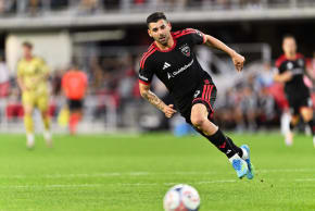 Tai Baribo #9 of DC United chases down the ball against St. Louis CITY FC at Audi Field on May 16, 2026 in Washington; illustrative.