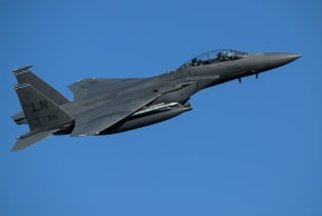  A US-AF Boeing F-15E Strike Eagle fight/bomber takes off from RAF Lakenheath on April 08, 2026 in Lakenheath, England.