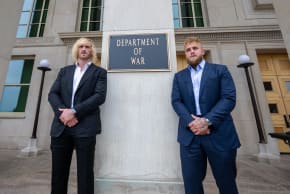 Logan Paul (L) and Jake Paul (R) visit the Pentagon to speak with US troops, September 20, 2026.