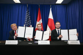 (L/R) US President Donald Trump, Denmark's Prime Minister Mette Frederiksen and Greenland's Prime Minister Jens-Frederik Nielsen sign a trilateral security deal on the sidelines of the 81st United Nations General Assembly in New York, on September 22, 2026. 