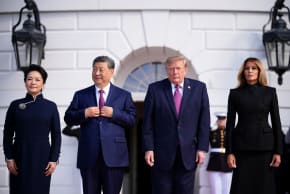 President of China Xi Jinping (2nd-L) and first lady of China Peng Liyuan (L) greet US President Donald Trump and first lady Melania Trump (R) during an arrival ceremony at the White House on September 24, 2026 in Washington, DC.  