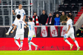 Israel's forward #22 Saied Abu Farchi (top L) celebrates scoring his team's first goal during the UEFA Nations League Group B3 football match between Austria and Israel in Linz, Austria on September 24, 2026. 