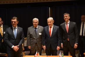 Prime Minister Benjamin Netanyahu (center) meets with Latin American leaders (L-R): Bolivian President Rodrigo Paz Pereira, Panamanian President José Raúl Mulino, and Paraguayan President Santiago Peña in New York City, September 24, 2026.