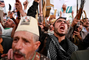 FILE PHOTO: Houthi supporters shout slogans during an anti-Saudi rally amid an escalation with the kingdom, in Sanaa, Yemen, July 31, 2026. 