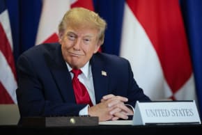 US President Donald Trump looks on during the signing of a security pact between the US, Denmark, and Greenland during the 81st session of the United Nations General Assembly at UN Headquarters on September 22, 2026 in New York City.
