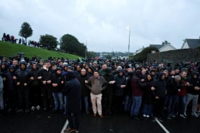 People block the Garvaghy road, a Catholic enclave in the largely Protestant town of Portadown, on the day members of the Protestant Orange Order are expected to march through the area as they take part in the annual Drumcree parade, Northern Ireland, September 27, 2026.