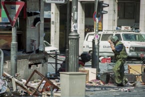 Israeli security forces at the scene of a suicide bombing terror attack at the Sbarro restaurant in Jerusalem's city center on August 9, 2001.