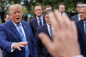 US President Donald Trump, flanked by US House Speaker Mike Johnson (R-LA) and Nvidia President and CEO Jensen Huang speaks to the media at the White House driveway following a luncheon for tech leaders in the East Room, in Washington, DC, US, September 29, 2026.