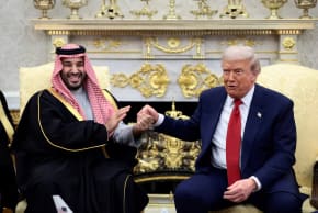 US President Donald Trump and Saudi Crown Prince and Prime Minister Mohammed bin Salman hold hands during a meeting in the Oval Office at the White House in Washington, DC, US, November 18, 2025.