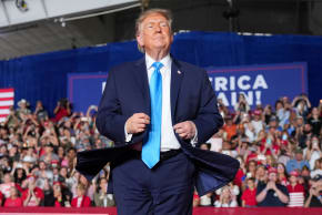 US President Donald Trump dances on stage during a rally at Pinnacle Bank Expo Center in Grand Island, Nebraska, US, October 5, 2026.
