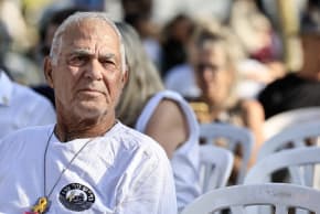 Released Israeli hostage Gadi Mozes at a ceremony marking rebuilding in kibbutz Nir Oz, southern Israel, following the October 7 massacre. August 07, 2025.