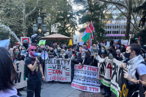 Pro-Palestinian protesters gather on Oct. 7, 2026, outside City Hall in New York.