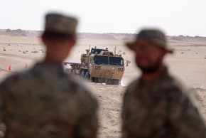 A US army autonomous vehicle is currently being tested at Camp Buehring, also known as Udairi, in Kuwait's desert on July 25, 2023; illustrative