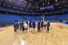 Maccabi Tel Aviv players during a minute of silence in memory of those killed and murdered on October 7.