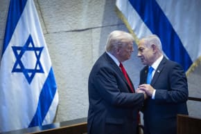 US President Donald Trump with Prime Minister Benjamin Netanyahu during a special plenum session in honor of  Trump at the Knesset on October 13, 2025. 