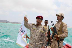 Houthi control around Bab el-Mandeb gives Iran-aligned forces leverage over a second major maritime choke point, opposite the Strait of Hormuz on the other side of the Arabian Peninsula. A Yemeni government army officer gestures as he rides a boat in Bab el-Mandeb, Yemen, April 2.