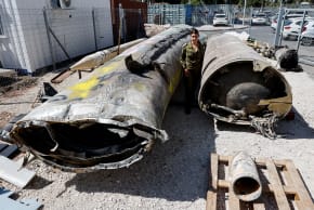 The remains of a Kheibar Shekan and a Emad ballistic missiles are displayed by Israel's military in Julis army base, days after an attack by Iran on Israel, in southern Israel, October 9, 2024.