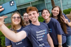 Brandeis students pose for a photo during the Brandeis Plan launch celebration.